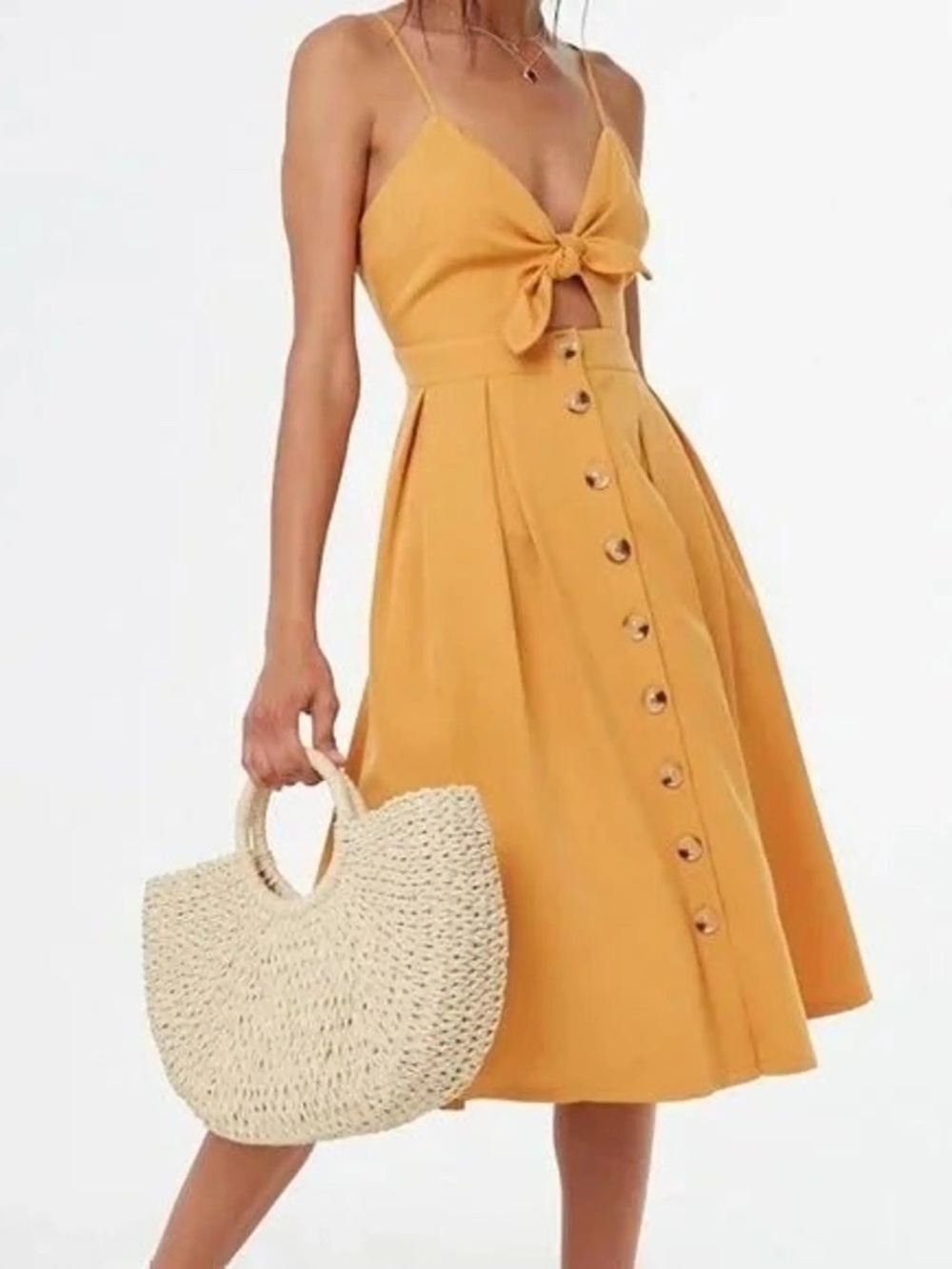 Forever 21 Boho Mustard Yellow Tie-Front Midi Sundress ☀️